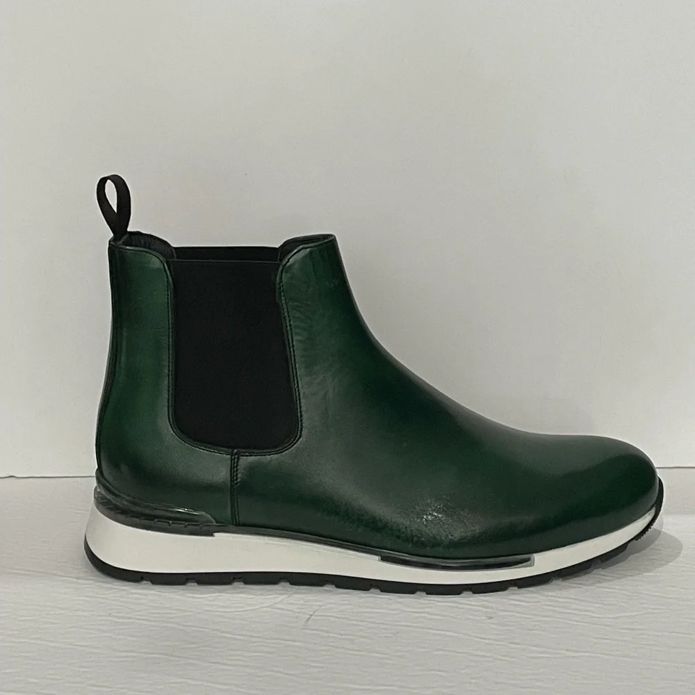Duca boot slip on round toe green Atalian leather white bottom sole